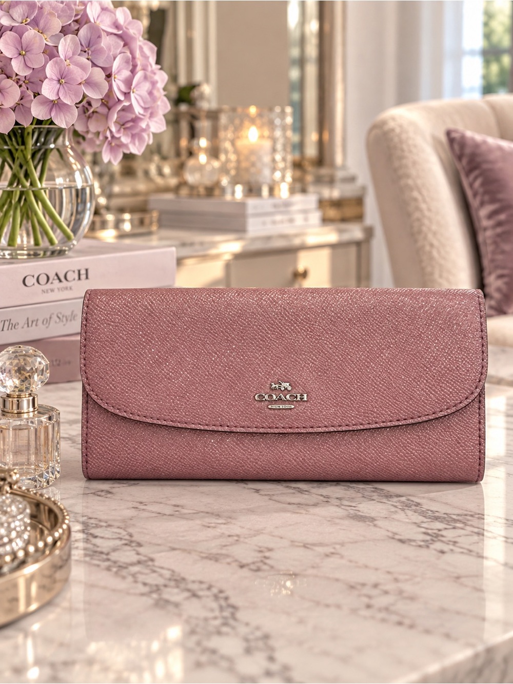Coach Soft Wallet in Glitter Crossgrain Leather — Silver/Lilac